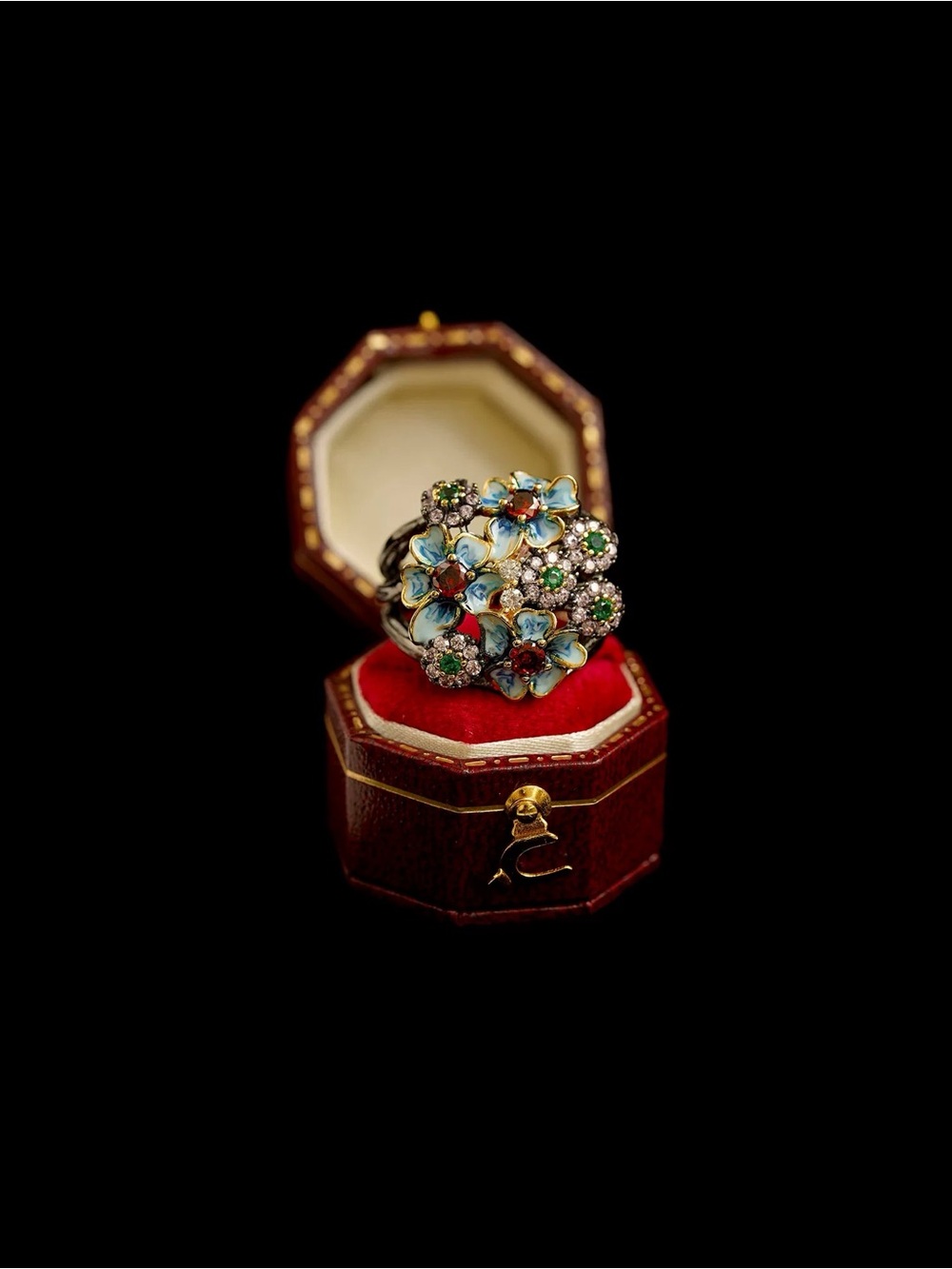 Vintage Blue Floral Cluster Statement Ring - Women Jewelry